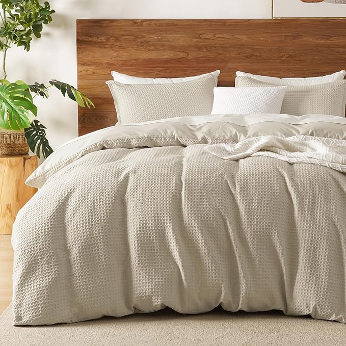David's Home Textured Waffle Weave Duvet Cover Set, Queen Size, Natural | Breathable Cozy for All Season, 300GSM, 3PCS Home Bedding Decor, OEKO-TEX Certified, Hidden Zipper, 8 Corner Ties, 90" X 90"