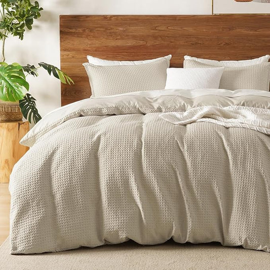 David's Home Textured Waffle Weave Duvet Cover Set, Queen Size, Natural | Breathable Cozy for All Season, 300GSM, 3PCS Home Bedding Decor, OEKO-TEX Certified, Hidden Zipper, 8 Corner Ties, 90" X 90"