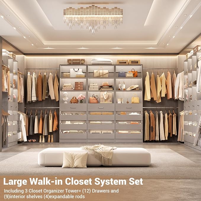 Aheaplus Closet System with 12 Drawers, 8.5-11.5Ft Wood Closet Organizer | Grey Closet Storage with 4 Hanging Rods & 3 Towers, 4Ft & 6Ft L-Shaped Walk-in Closets Wardrobe Organizer, Set of 3
