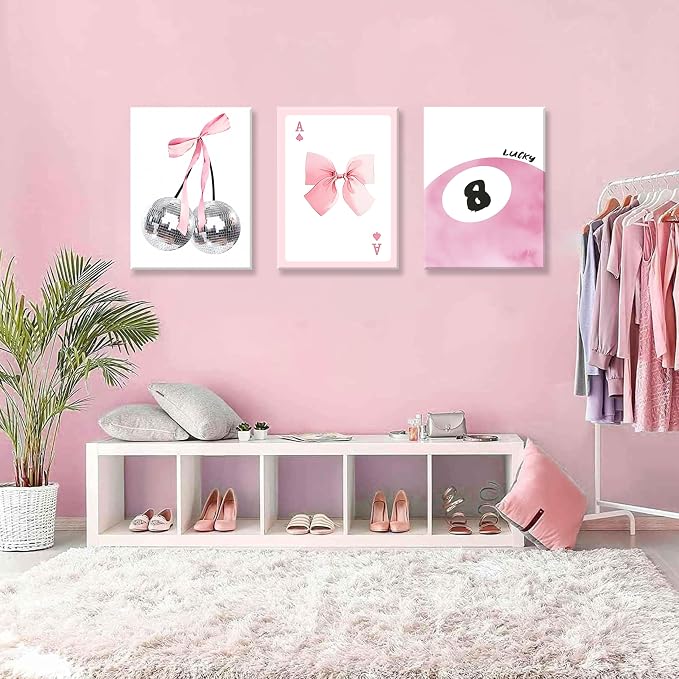 Framed Pink Canvas Wall Decor Set of 3, Pink Bow Wall Art Oil Painting, Girls Preppy Room Decor Picture, Trendy Disco Ball Print Poster for Teen Girl Apartment Bedroom Living Room Aesthetic 12x16 Inch