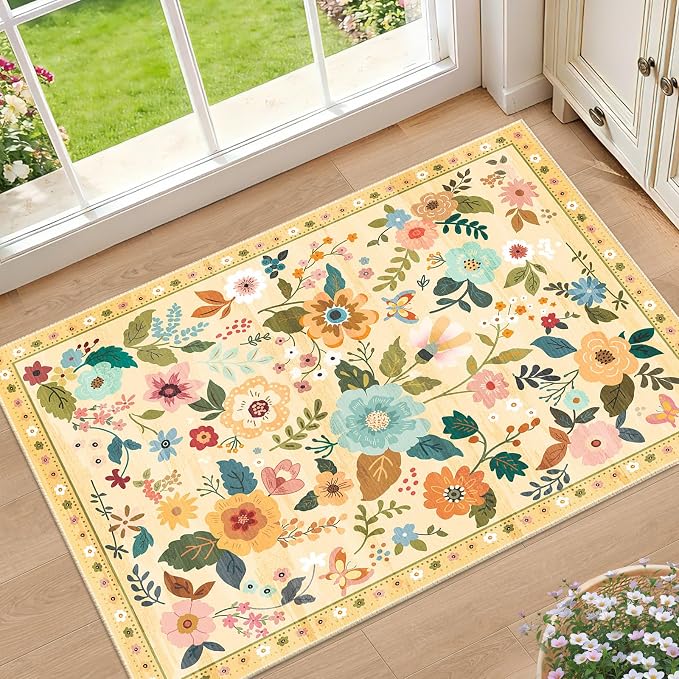 RELEANY Floral Washable 2x3 Area Rugs Doormat Yellow/Orange | Flower Carpet, Print, Boho, Non-Slip, Easy to Clean, Soft, Low Pile for Living Room Bedroom Kitchen Office Entryway Hallway