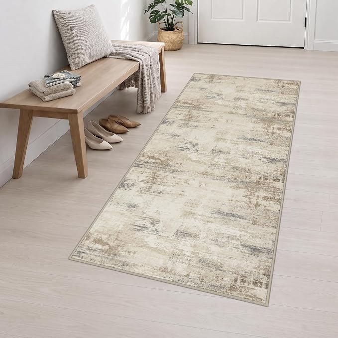 3x8 Washable Runner Rug：Modern Abstract Soft Carpet Beige Brown | For Hallway, Bedroom, Kitchen, Laundry, Bathroom,Door Mat,Modern Abstract,Machine washable,Non-Slip,Stain Resistant,Indoor