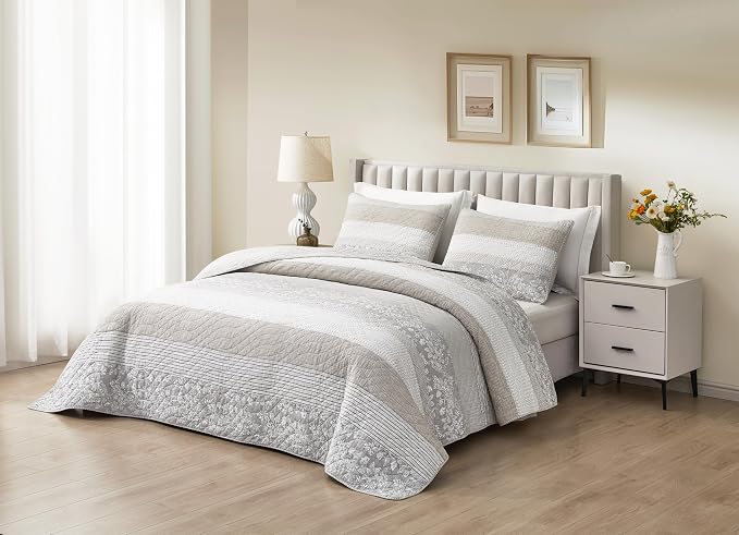 Chezmoi Collection Robyn 3-Piece Gray Taupe White Floral Hibiscus Flower Patchwork Striped Quilt Set - Pre-Washed Soft Lightweight Reversible Cotton Bedspread Coverlet for All Season, King Size