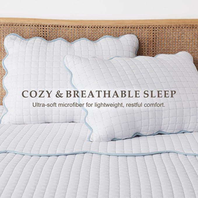 WDCOZY White Oversized California King Size Quilt Bedding Set, Cal King Scalloped Farmhouse Country Rustic Lightweight Soft Coverlet for All Season, Cute Cozy Kantha Pick Stitch Bedspread