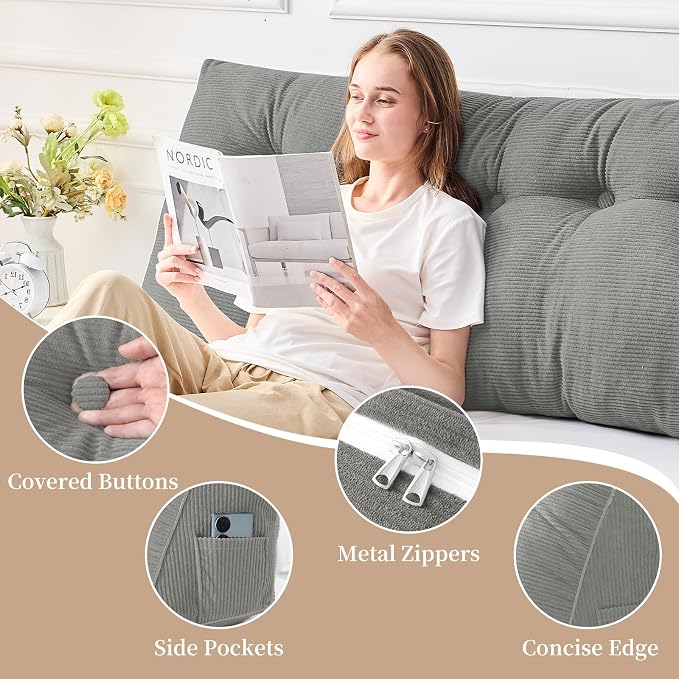 Sasttie Headboard Pillow King, Wedge Pillow Headboard, Light Grey | Triangle Backrest Cushion for Sitting or Reading in Bed, Dorm Essentials, OEKO-TEX, Down Alternative Fill, Side Pockets