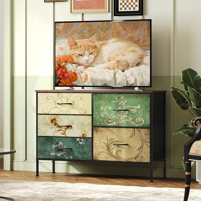 WLIVE Dresser for Bedroom with 5 Drawers, Wide Chest of Drawers for Bedroom, Fabric Dresser for Living Room, Closet, Hallway, Floral Painted
