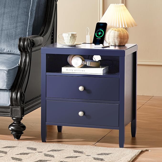 Huuger Blue Nightstand Set of 2, Night Stand with Charger Station | Bedside Table with 2 Drawers, Bed Side Tables for Bedroom, Modern Nightstands, Metal Knobs, Painted Surface