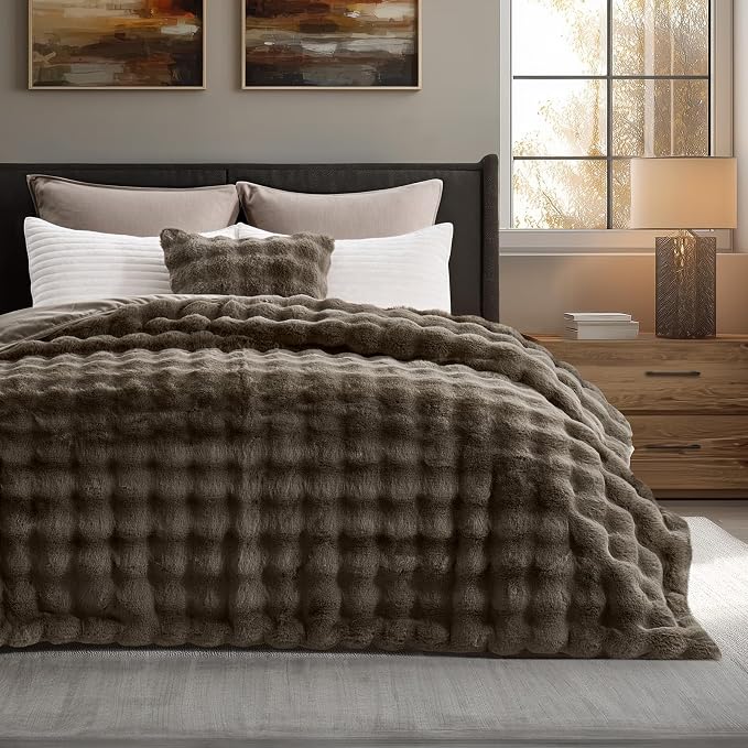 EverGrace Faux Rabbit Fur Bubble Throw Blanket, 90"x90", Dark Taupe | Ultra Soft, Luxury Faux Rabbit Fur Throw, Thick Warm Bubble Blanket, Cozy Fluffy Reversible, for Bed, Couch, Chair, Sofa