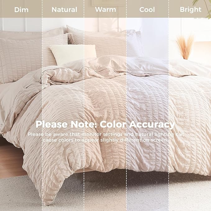 HYMOKEGE Beige Full Size Comforter Sets Seersucker 7 Pieces, All Season Luxury Bed in a Bag for Bedroom, Bedding Set with Comforters, Sheets, Pillowcases & Shams