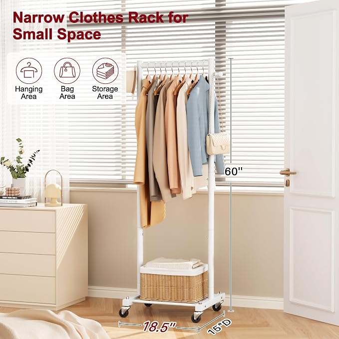 SLEEPING LAMB Small Clothes Racks for Hanging Clothes, Rolling Clothing Rack with Shelves, 60" Metal Garment Rack with Wheels Portable Wardrobe Rack for Small Space, White