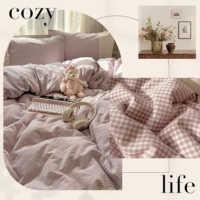 mixinni Purple White Gingham Duvet Cover Full Size - 3 Piece Cottagecore Plaid Bedding Set with Lace Trim, Soft Washed Microfiber Vintage Aesthetic Grid Comforter Cover & Pillow Shams