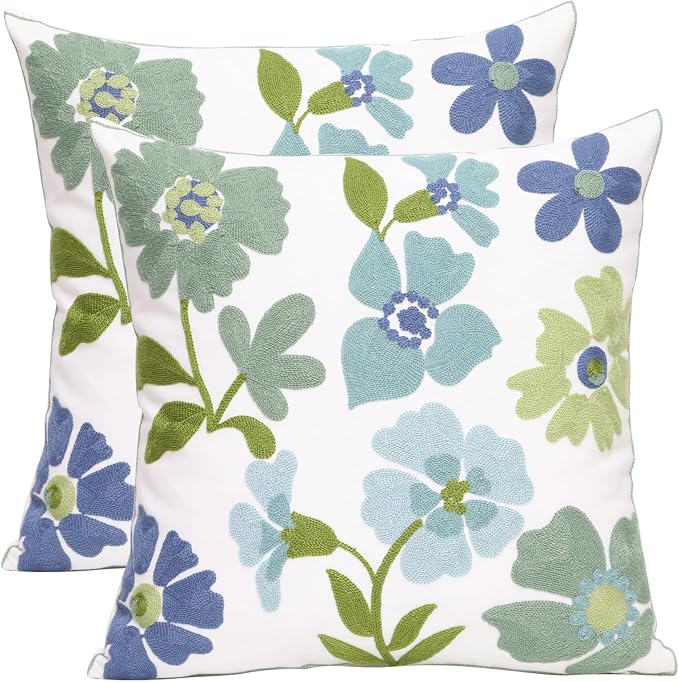 Pack of 2 Embroidered Decorative Throw Pillow Cover 18x18 Inch Farmhouse Floral Pillowcase for Living Room Sofa Bed (Grass Flower)