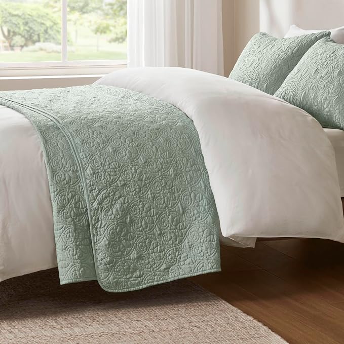 Madison Park Luxurious Cotton Damask Quilt Set, 3PC Full/Queen Bed Set | All Season, Lightweight Stitching Coverlet Bedspread Bedding Stitching with Shams, Seafoam