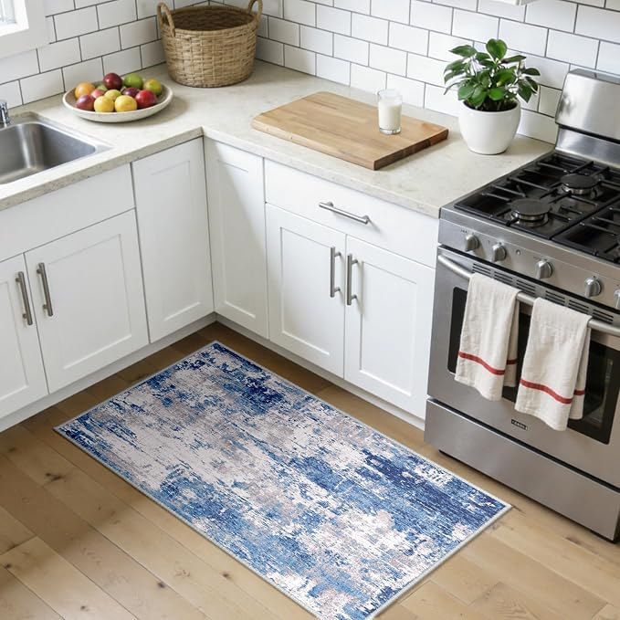 RELEANY Washable 2'x4' Abstract Area Rug for Living Room Blue Gray | Carpet for Bedroom, Kitchen, Office, Hallway and Entryway, Printed Pattern, Non‑Slip, Soft, Stain‑Resistant, Easy to Clean