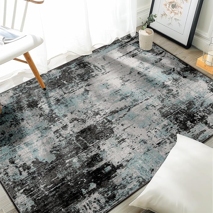 RELEANY Washable 3'x5' Abstract Area Rug for Living Room Teal Black | Carpet for Bedroom, Kitchen, Office, Hallway and Entryway, Printed Pattern, Non‑Slip, Soft, Stain‑Resistant, Easy to Clean