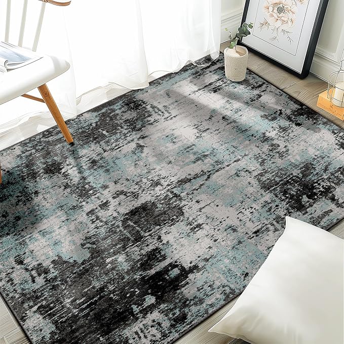 RELEANY Washable 4'x6' Abstract Area Rug for Living Room Teal Black | Carpet for Bedroom, Kitchen, Office, Hallway and Entryway, Printed Pattern, Non‑Slip, Soft, Stain‑Resistant, Easy to Clean