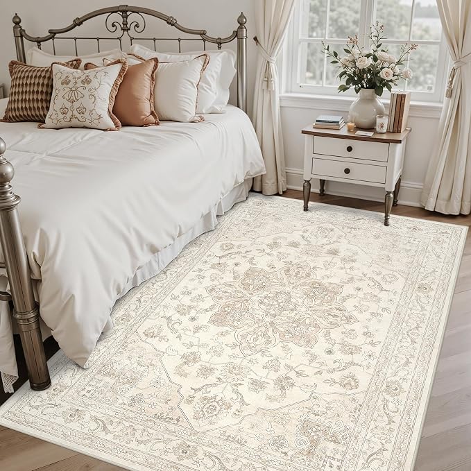 5x7 Area Rugs Living Room: Bedroom Washable Carpet Beige White | Vintage Boho Soft Small Indoor Decor Floor Non-Slip Low Pile Neutral Farmhouse Entryway Laundry Bathroom Bedroom Beside Rugs