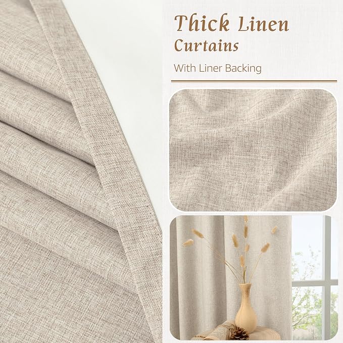 Oatmeal 100% Blackout Linen Curtains 84 Inch for Living Room 2 Panels | Linen Textured, Farmhouse Curtains, Room Darkening, Panels for Bedroom, Rod Pocket Back Tab, with White Liner, 60 x 84 Inch