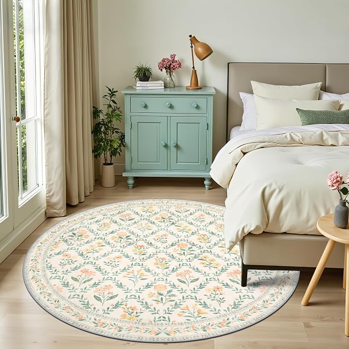 PLHXFR Round Area Rug Living Room: 6 ft Floral Washable Carpet Beige Multi | For Bedroom Dining Room Farmhouse Nursery Hallway,Vintage Floral,Machine washable,Non Slip,Stain Resistant,Large Indoor