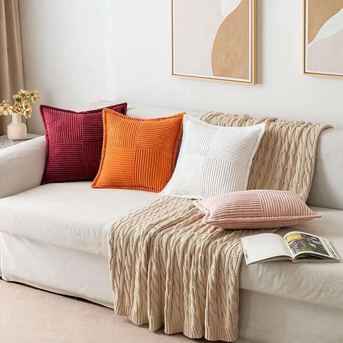 MIULEE Decorative Throw Pillow Covers for Couch 20x20 Inch White 2 Pack | Boho Broadside Striped Patchwork Pillow Covers, Soft Corduroy Cushion Cases, For Sofa Bed Livingroom Home Decor