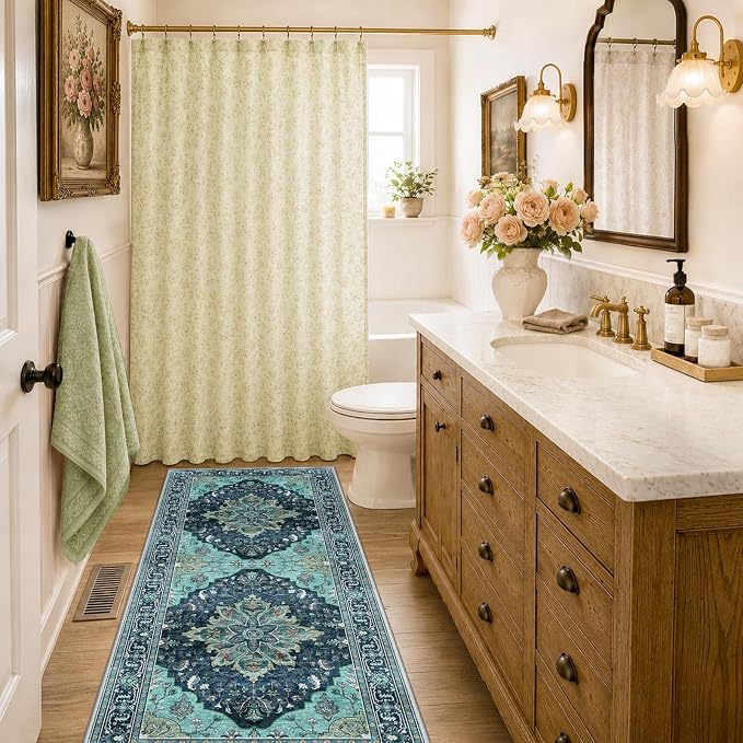 RELEANY Washable Area Rug, Runner 2'x6', Teal | Non-Slip, Water Repellent, Pet Friendly, Easy to Clean, Vintage Floral Boho Decor for Kitchen Entry Bedroom Bedside Laundry
