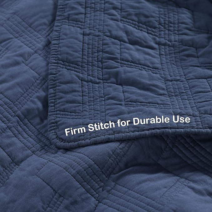 HORIMOTE HOME 100% Cotton Quilt Set Queen Size, Navy Blue Pre-Washed 3-Piece Bedspread Coverlet Set, Cozy Lightweight Stitching Bedding Cover with 2 Shams in Geometric Pattern for All Season