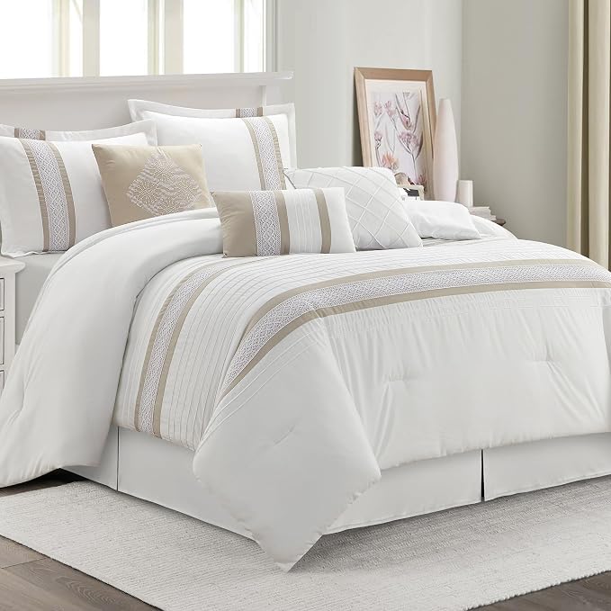 7 Piece Comforter Set, Taupe White, King Size, Boho Style Geometric Microfiber Embroidery, Bed in a Bag with Bedskirt, Pillow Shams and Decor Pillows