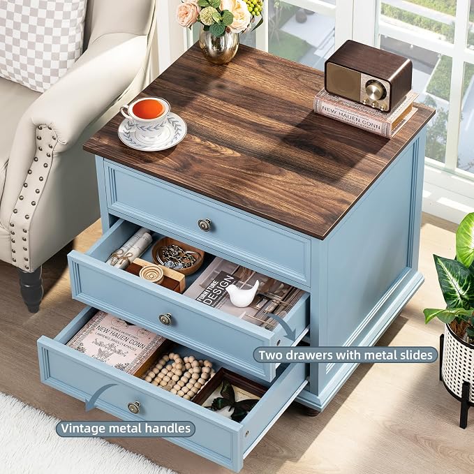 Joaxswe 24" Wide Farmhouse Night Stand Set of 2,Large End Table with 3 Drawers & Metal Handle,Wood Dresser for Bedroom Cabinet,Light Blue Bed Side Table Chest of Drawers,Nightstand for Living Room