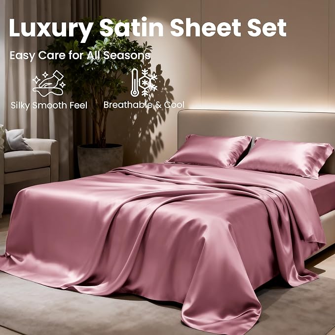 Love's cabin Full Size Satin Sheet Sets - 4 Piece Rose Taupe Silky Sheet Set Full with Deep Pocket, Luxury Silk Feel Bed Sheets Full Bedding Set (1 Flat Sheet,1 Fitted Sheet,2 Pillow Cases)