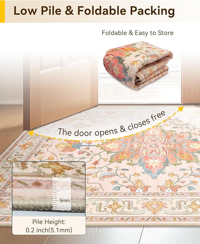 RELEANY Washable Area Rug, Small 2'6"x4', Pink/Light Pink/Colorful | Non-Slip, Water Repellent, Pet Friendly, Easy to Clean, Vintage Floral Boho Decor for Kitchen Entryway Bathroom