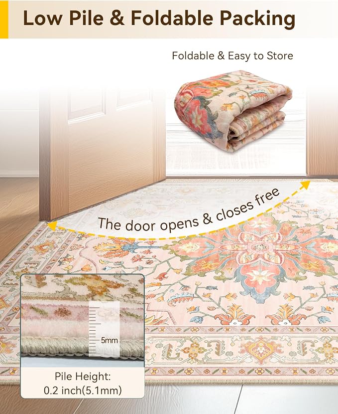 RELEANY Washable Area Rug, Runner 2'6"x5', Pink/Light Pink/Colorful | Non-Slip, Water Repellent, Pet Friendly, Easy to Clean, Vintage Floral Boho Decor for Kitchen Entry Bedroom Bedside Laundry