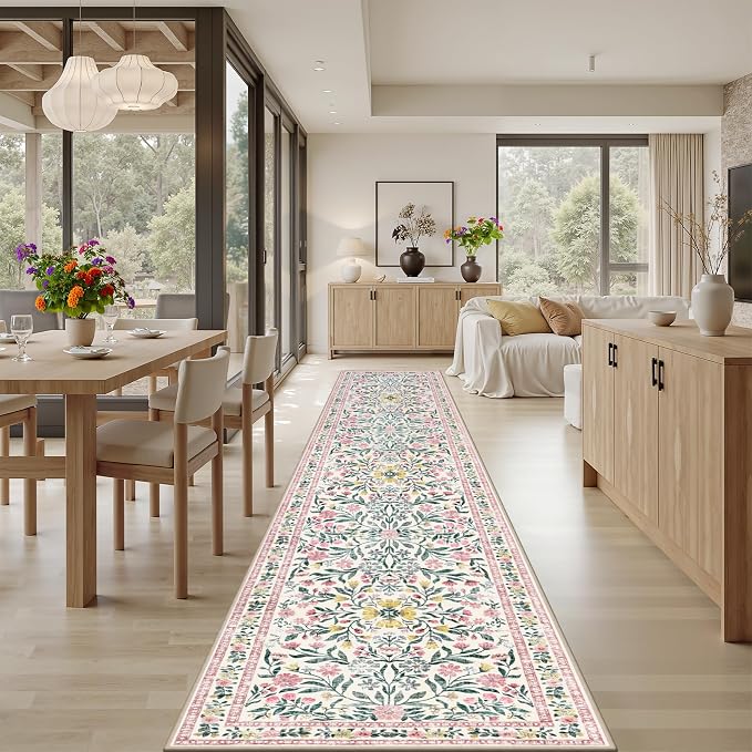 PLHXFR 2.6x14 Washable Runner Rug：Floral Indoor Kitchen Carpet Pink Green | For Hallway Bedroom Kitchen Laundry Bathroom Dorm,Vintage Floral,Machine washable,Non Slip,Stain Resistant,Indoor Floor