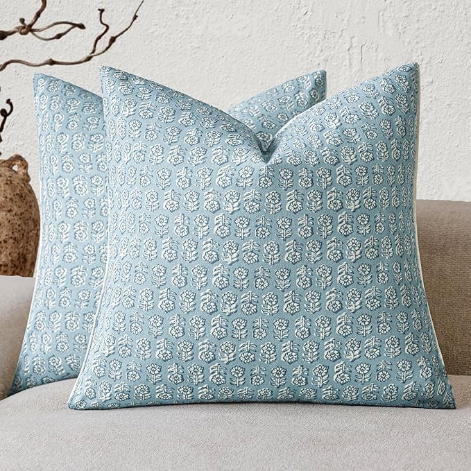 Foindtower Set of 2 Decorative Vintage Floral Print Throw Pillow Covers Neutral Accent Farmhouse Cushion Covers Boho Home Decor for Sofa Couch Chair Bedroom Living Room Outdoor,20×20 Inch,Sky Blue