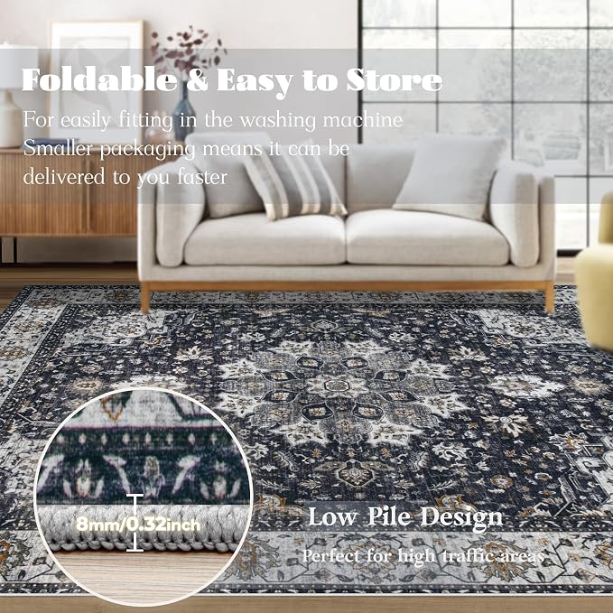 Area Rug 9x12 Washable Rug, Vintage Boho Medallion Rugs Non-Slip Soft Low Pile Large Distressed Rug Indoor Retro Carpet for Living Room Bedroom Dining Room Home Office (Vintage Black, 9'x12')