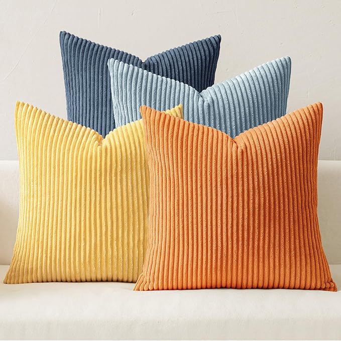 MIULEE Soft Corduroy Decorative Throw Pillow Covers Blue-Orange 18x18 | Set of 4, Mordern Nordic Coastal Decor, Summer Sky Wheat Set, Boho Farmhouse Cushion Covers for Couch Bed Sofa Living Room