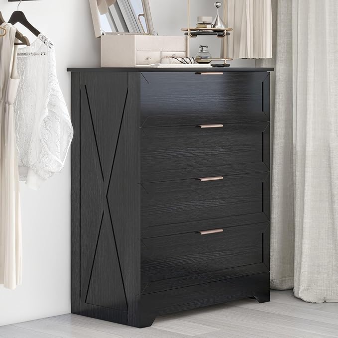 FTZxHKLX Modern Wide Wooden Chest of Drawers, Dresser for Closet, Black | Deep Drawer Dresser with Rose Gold Handles, Small Nursery Dresser with Anti-Tip Design for Living Room, Children's Room
