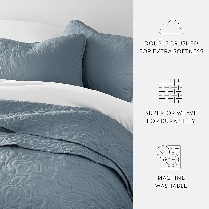 Merit Linens Modern Quilt Coverlet Soft Set in Floral Stitching - King/Cal-King Dusk Blue