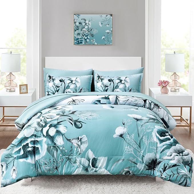 Floral Comforter Set Twin Size 7 Piece, Aqua Flower Bed in a Bag, Elegant Gradient Floral Comforter with Sheet Set, Soft Seersucker Microfiber Bedding Set for All Season (Aqua, 68"x86")