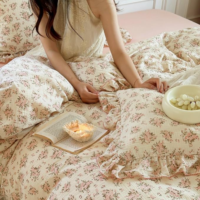 Muslin Duvet Cover Full for Kids Adults Elegant Pink Floral Duvet Covers with Ruffles Soft Breathable Comforter Cover Quilted Cover for Women Girls, 79"x90", No Pillow Cases