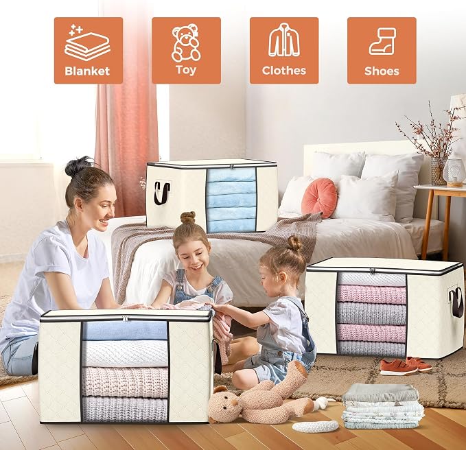 90L Large Storage Bags, 10 Pack Clothes Storage Bins Closet Organizers | Foldable Storage Containers, with Reinforced Handle, for Clothing, Blanket, Comforters, Bed Sheets, Pillows and Toys