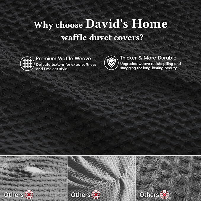 David's Home Soft Textured Waffle Weave Duvet Cover Set, Queen Size, Black | Breathable Cozy for All Season, 300GSM, 3PCS Home Bedding Decor, OEKO-TEX Certified, Hidden Zipper, 8 Corner Ties, 90" X 90"