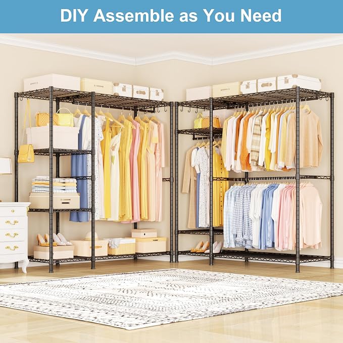 Ulif F7 Clothes Rack Heavy Duty, Clothing Racks for Hanging Clothes, Black | Garment Rack with Shelves, 6-Tiers Freestanding Portable Closet Storage Racks 58'' W × 14.6'' D × 76.6'' H, Max Load 800 Lbs