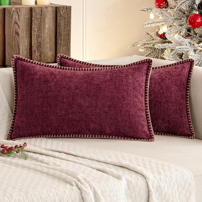 MIULEE Decorative Lumbar Throw Pillow Covers 12x20 Inch Burgundy Red 2 Pack | Farmhouse Pillow Covers with Stitched Edge, Soft Chenille Cushion Cases, for Couch Sofa Bed Living Room Home Decor