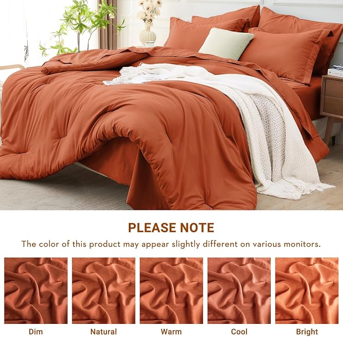 7 Pieces California King Comforter Set, Soft Bed in a Bag Cal King Size, All Season Bedding Set with Comforter, Flat Sheet, Fitted Sheet, Pillowcases & Shams, Burnt Orange