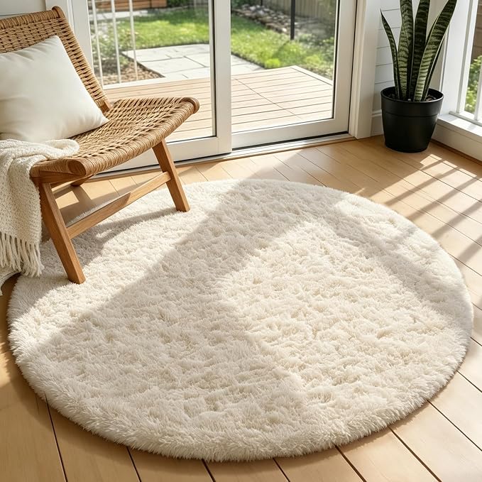 Ophanie Round Rugs 3Ft Ivory Circle Area Rug, Nursery Bedroom Carpet, Small Fluffy Fuzzy Plush Soft Shaggy Cream Living Room Christmas Aesthetic Decor for Kids Boys Girls Teen Baby Home, Dorm