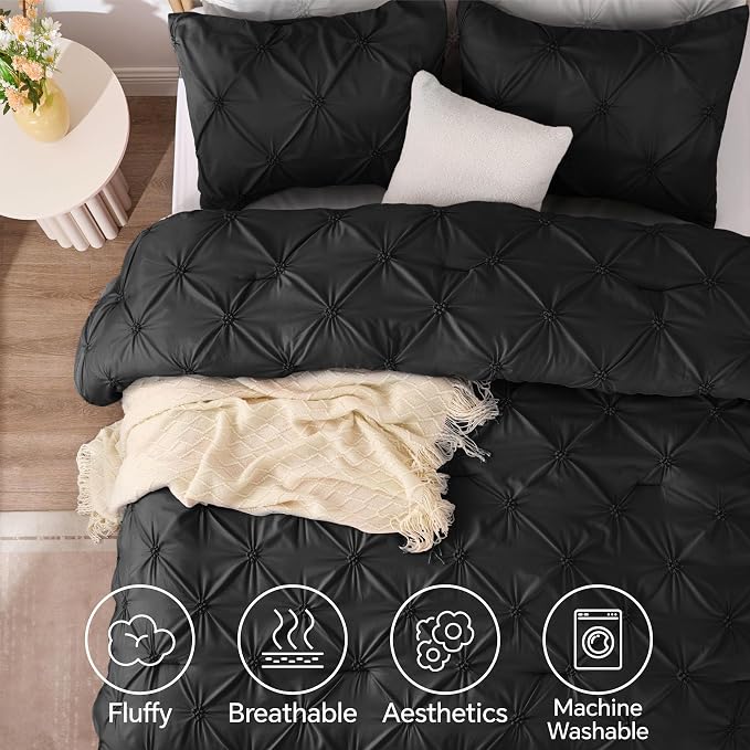 BEDELITE Queen Comforter Set Black,Lightweight & Soft Comforter | Pintuck Boho Bedding, Warm & Cute Bed Set for All Season,With 2 Pillowcases