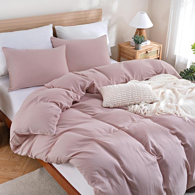TOCOMOA 100% Muslin Cotton Duvet Cover Set, Pink, Queen | Linen-Like Texture. Ultra Soft, Breathable, Comfy & Lightweight Bedding Set with Zipper & 8 Ties. 3 Pcs, No Insert