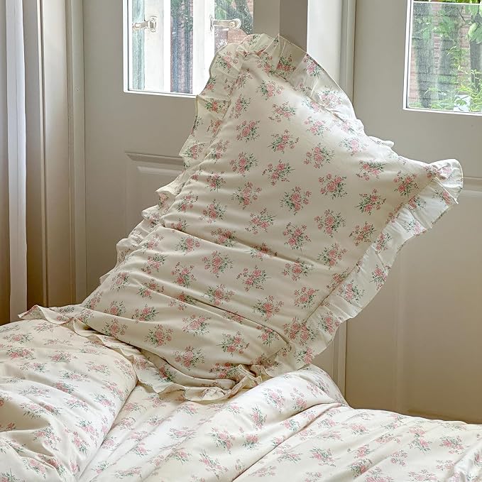 mixinni Pink Floral Duvet Cover Set Queen Size - 100% Cotton Ruffle Lace Bedding Set for Girls, Romantic Cottagecore Style Duvet Cover with Zipper Closure, Soft Aesthetic Princess Bedding-Queen