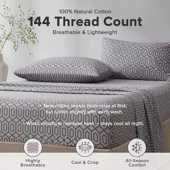 Comfort Spaces 100% Cotton Percale Sheet Set Cal King 4 Pcs, Diamond Sliver | Crisp, Cool & Breathable Bed Sheets, 14" Deep Pocket Fits Up to 16" Mattress, Lightweight, All Season Cozy, with Pillow Case