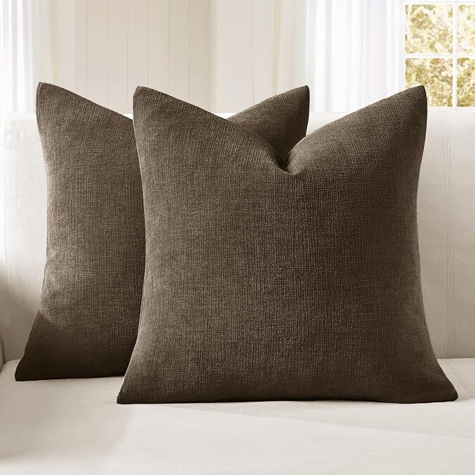MIULEE Chocolate Brown Chenille Couch Throw Pillow Covers, 20x20 | Set of 2, Modern Farmhouse Rustic Style, Decorative Pillowcases for Sofa Living Room Bed, Home Decor